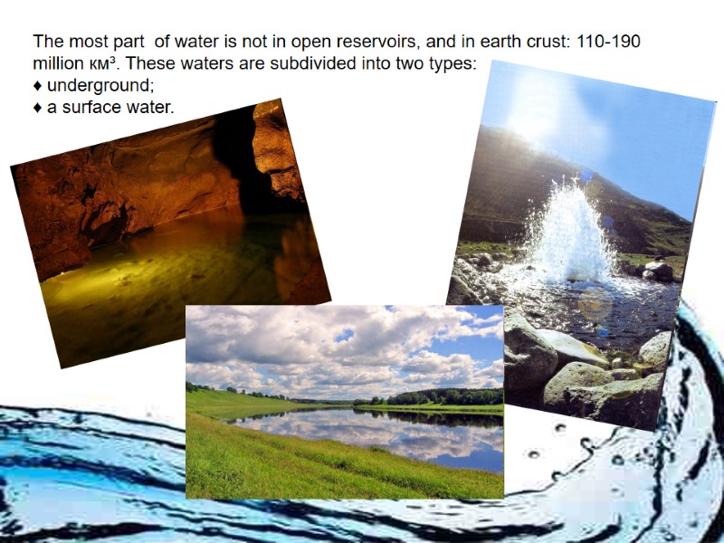 The most part  of water is not in open reservoirs, and in earth